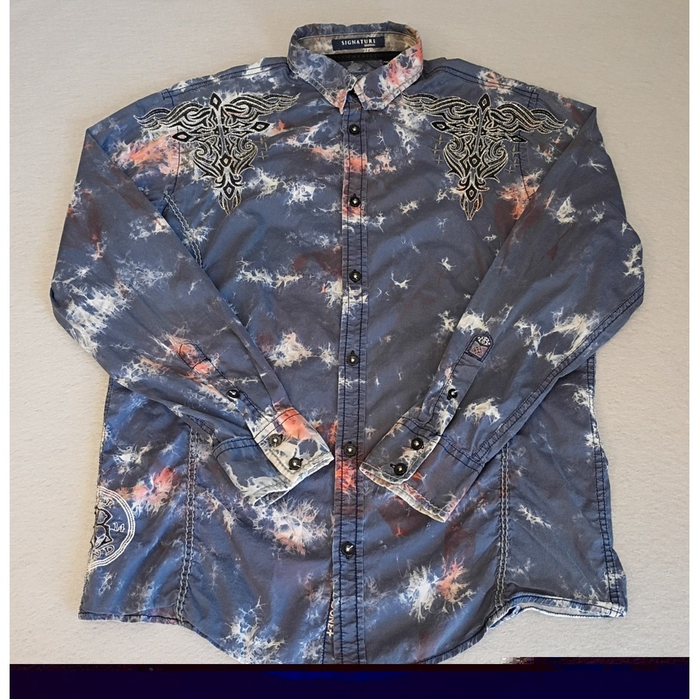 Roar Signature Edition Shirt Mens Medium Blue Tie Dye Tribal Embroidered Western